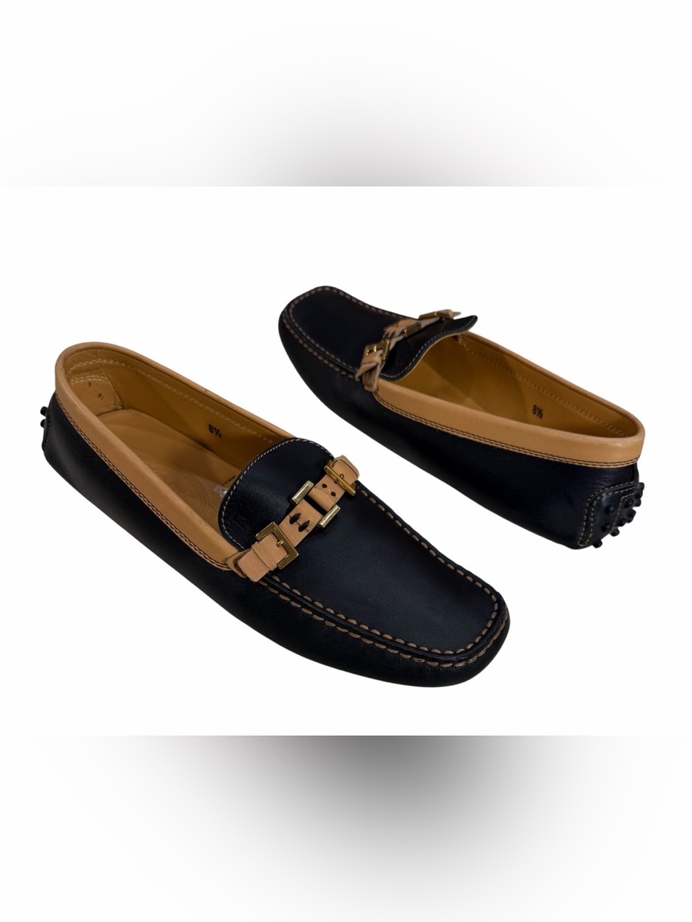 TOD'S Double T Black Leather Gommino Loafers with Tan Trim. NWT Made in Italy - Picture 2 of 7